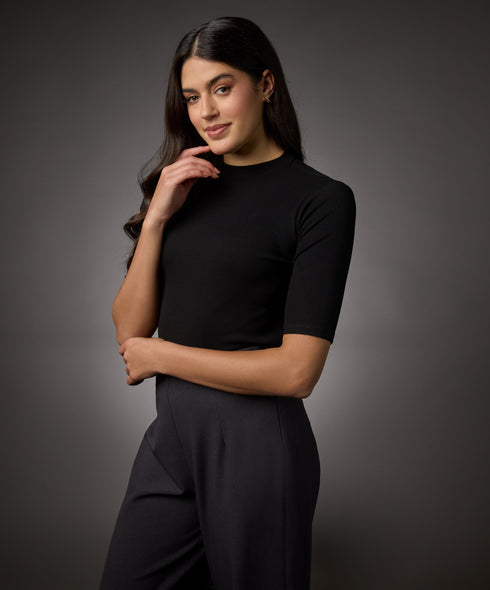 Short Sleeve High Neck Rib Top- Jet Black